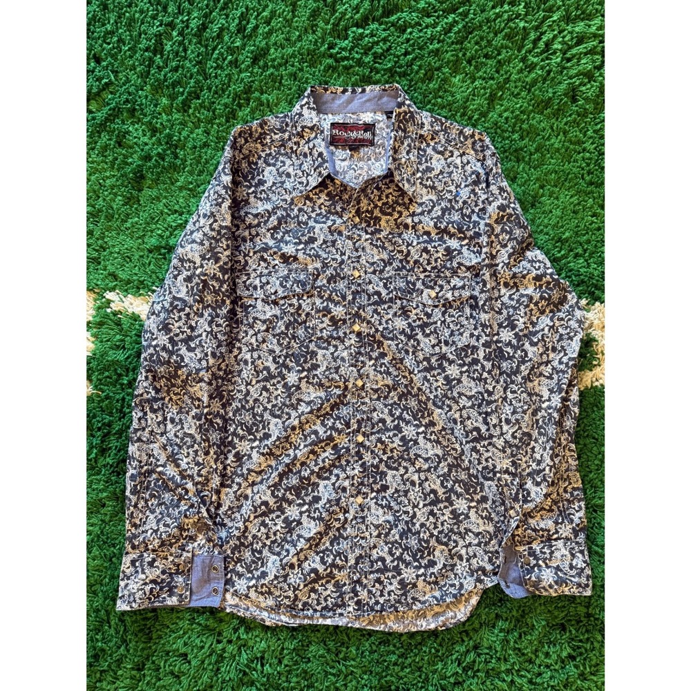 Rock and Roll Cowboy Mens Long Sleeve Western Pearl Snap Shirt Blue Paisley L